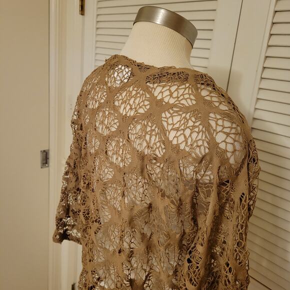 Adore Medium Tan Crochet Lace Button Front Cardigan Boho Layering Top - Picture 6 of 8
